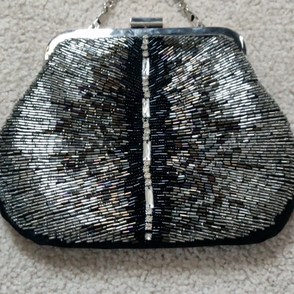 Coldwater Creek Beaded Crossbody/Clutch Black Satin Handbag